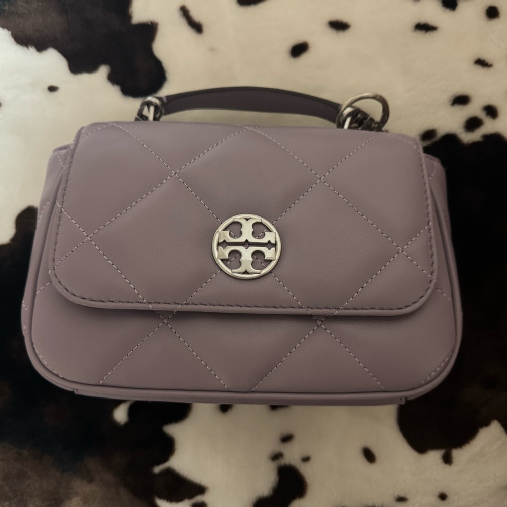 Lavender Tory Burch handbag with matching card holder.